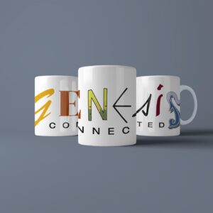 three views of white mug and logo