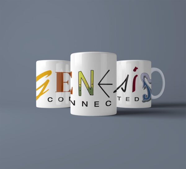 three views of white mug and logo